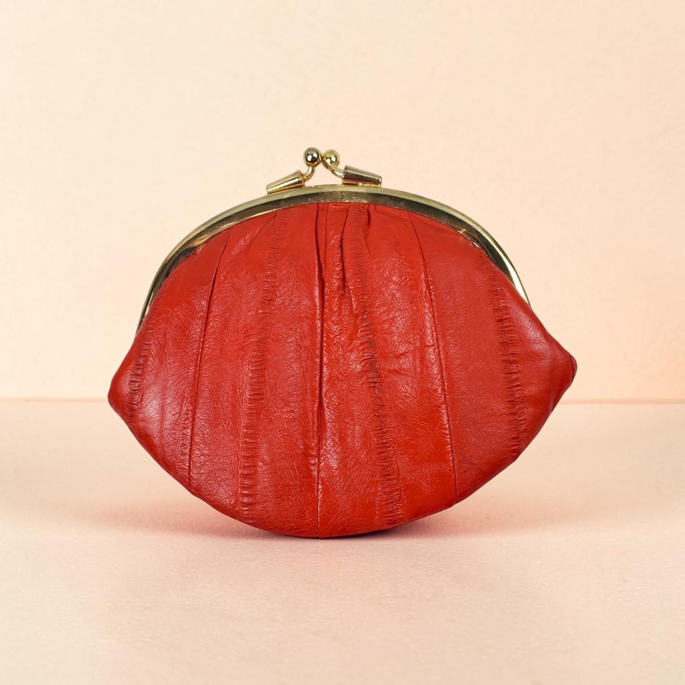 Carlo Amboldi Red Genuine Eel Skin Vintage Kiss Lock Coin Purse Pouch